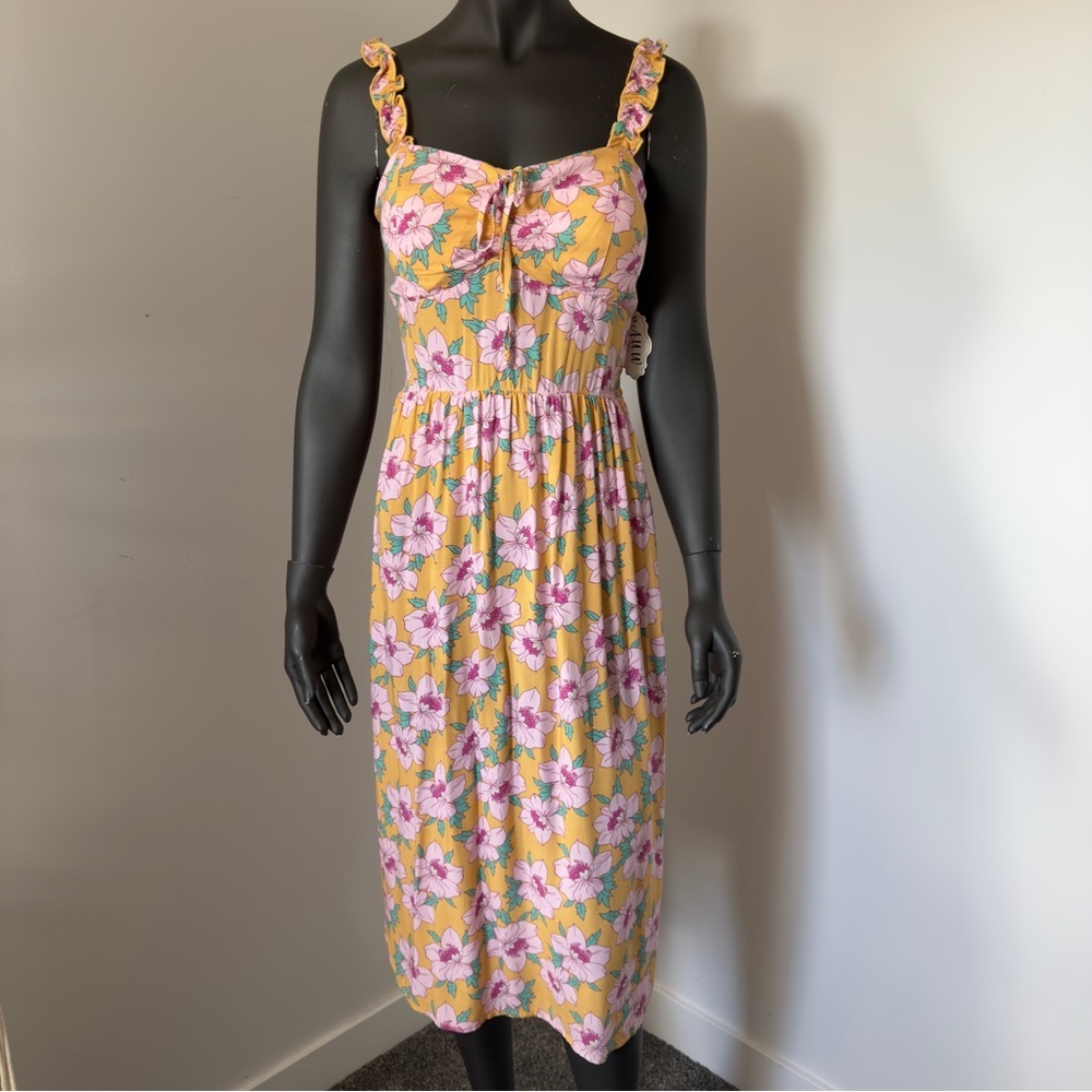Yellow Floral Midi Sundress with Pink Blossoms